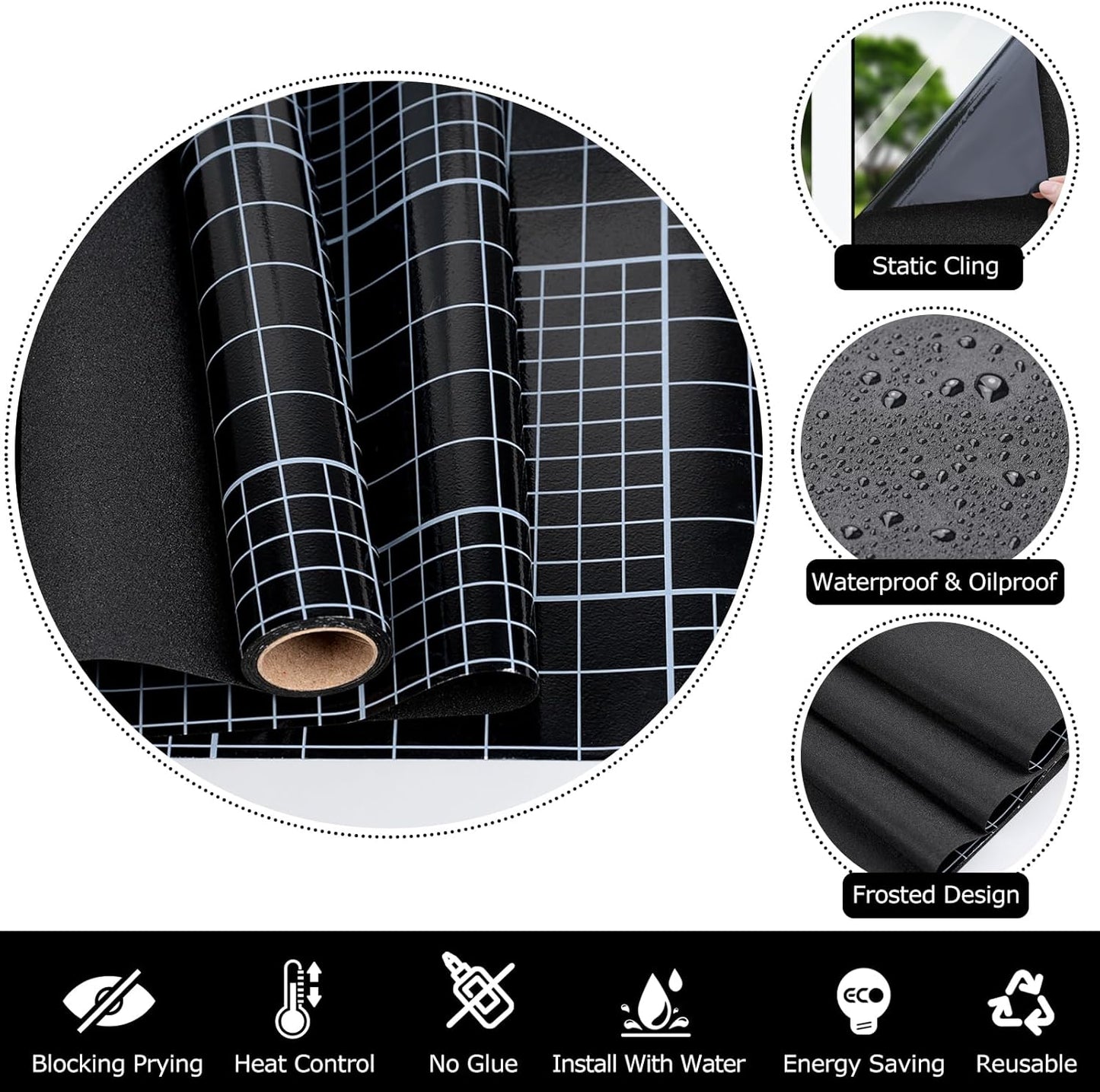 HIDBEA Blackout Window Film,100% Light Blocking Room Darkening Window Privacy Film,Frosted Glass Window Film Heat Control, Removable Window Cover Tint for Day Sleep (Black,23.6in x 6.5ft)