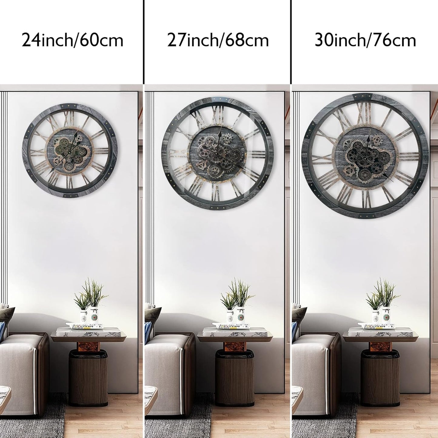 DORBOKER 24" Large Wall Clock with Moving Gears,Oversize Vintage Industrial Rustic Farmhouse Clocks for Living Room Decor Office Home,Solid Wood HD Tempered Glass Cover,Carbon Grey