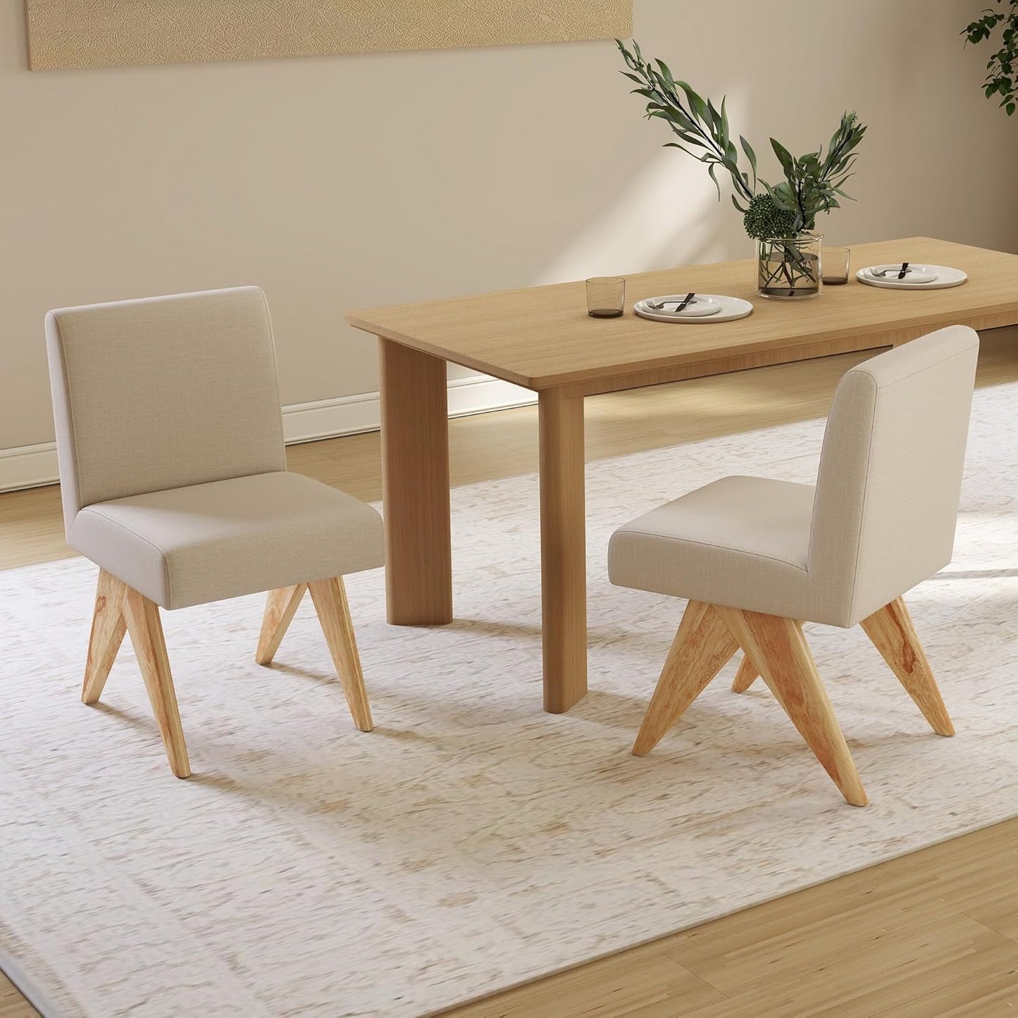 Mid Century Modern Farmhouse Dining Chairs Set of 2, Upholstered Armless Kitchen Chairs with Back and Wooden Legs, Linen Beige