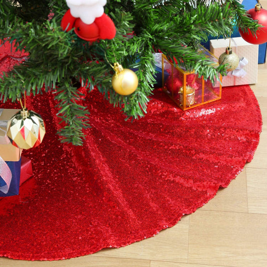 Red Christmas Tree Skirt 36 Inch Sequin Tree Skirt Sparkle Xmas Ornaments New Years Party Decorations