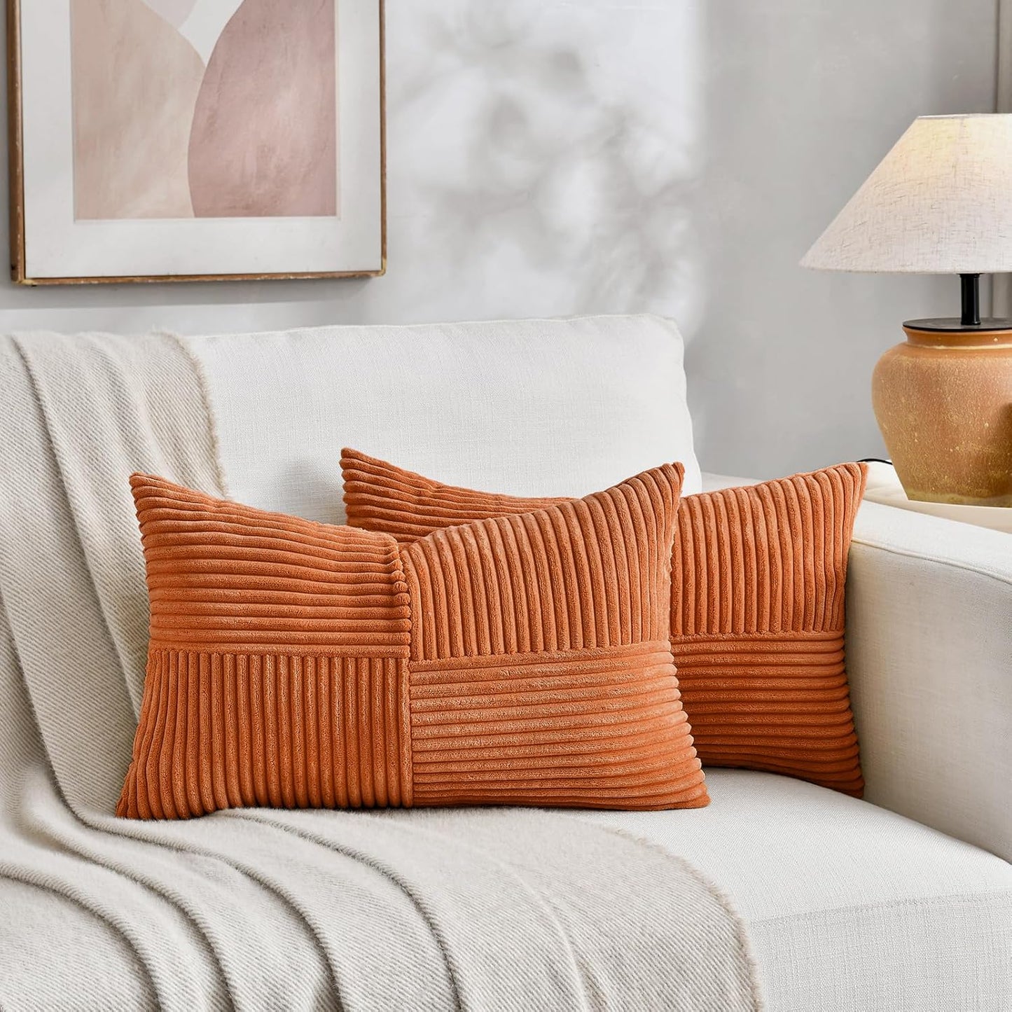 Fancy Homi 2 Packs Orange Long Lumbar Decorative Throw Pillow Covers 16x24 Inch for Couch Bed Sofa, Rustic Farmhouse Boho Home Decor, Soft Striped Corduroy Rectangle Accent Cushion Case 40x60 cm