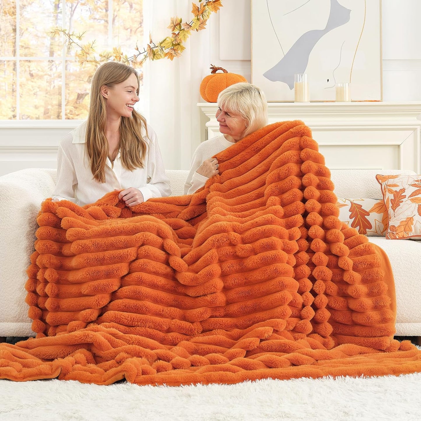 Cozy Bliss Fall Harvest Faux Fur Throw Blanket for Couch, Cozy Warm Plush Striped Blanket for for Decorating Couch Sofa Bedroom Living Room,50 * 60 Inches Burnt Orange