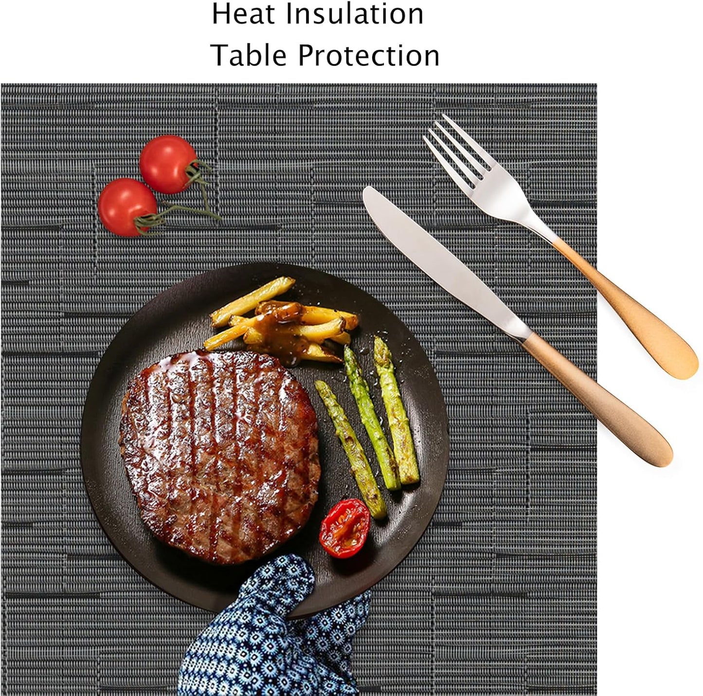 Myir JUN Placemats Set of 6, Vinyl Woven Placemats Place Mats Indoor Washable Table Mats Non-Slip Place mats for Dining Table (Black-Gray, Set of 6)