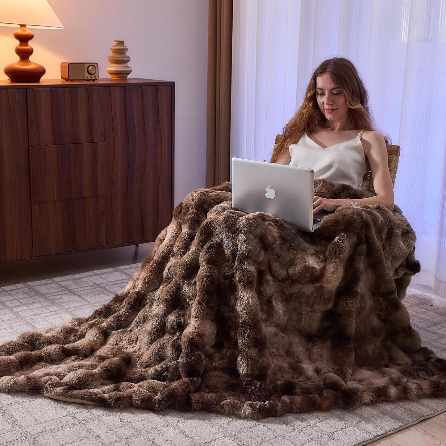 Lotus Karen Faux Fur Throw Blanket Tie-Dye Dark Coffee - Big Bubble Rabbit Fluff Blanket for Couch, Large Fluffy Fuzzy Cozy Blanket,Thick Furry Plush Shaggy Blankets,90x90 Inches