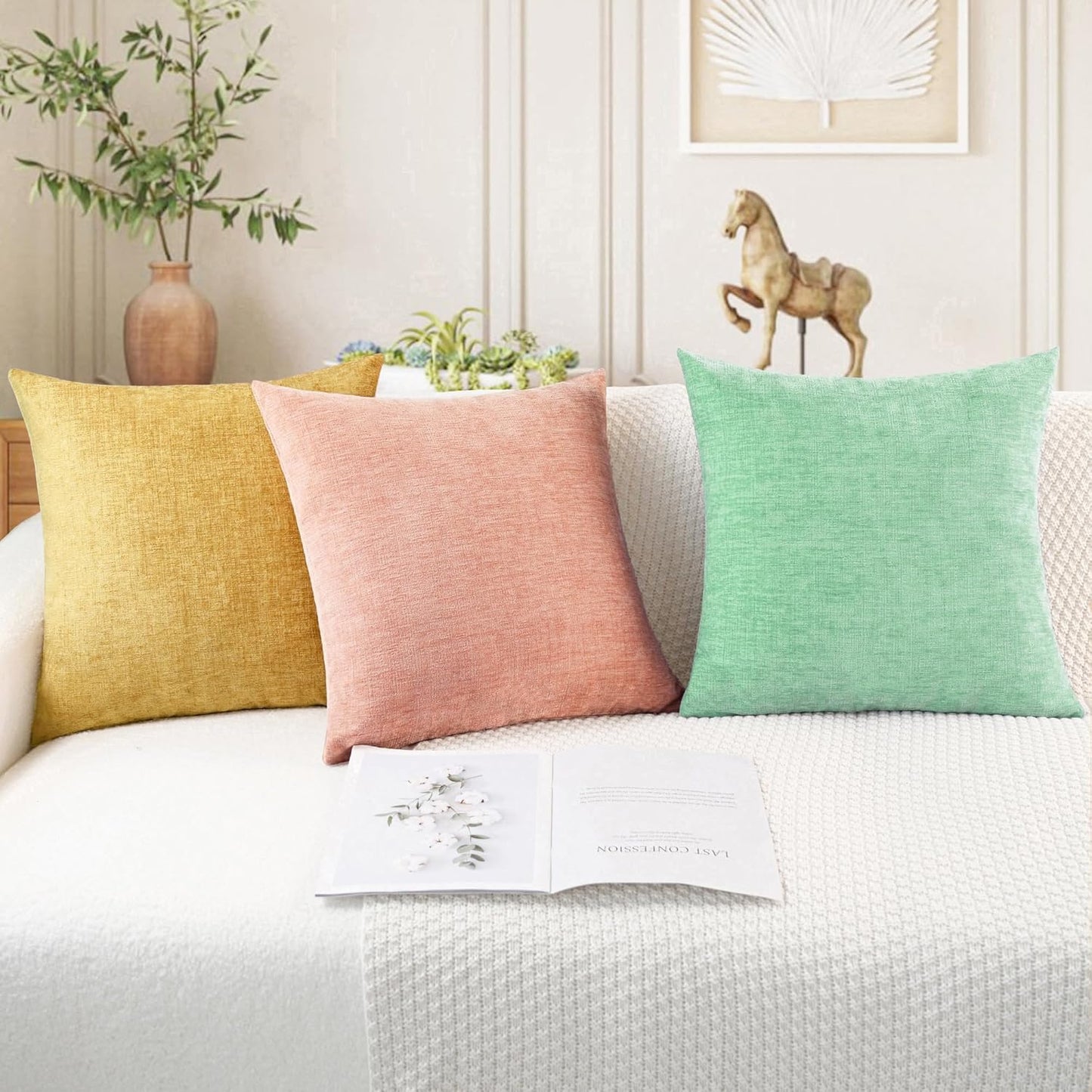 CaliTime Throw Pillow Covers Decorative 22 X 22 Inches Pack of 2 Cozy Chenille Cushion Cases for Couch Sofa Bed Living Room Home Grey Green