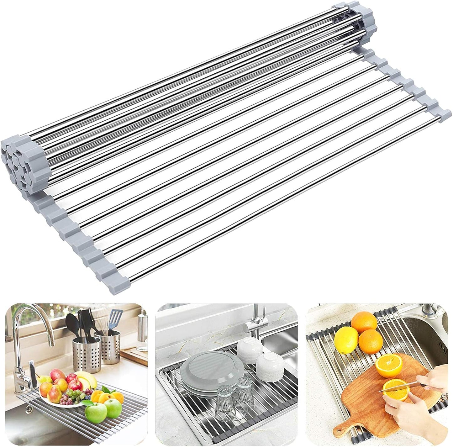Searik Dish Drying Rack Roll Up Sink Drying Rack, Over The Sink Dish Rack Multi-Use Stainless Steel Dish Drainers Heat Resistant Mat for Drying Draining Trivet (17.7"x13.8")