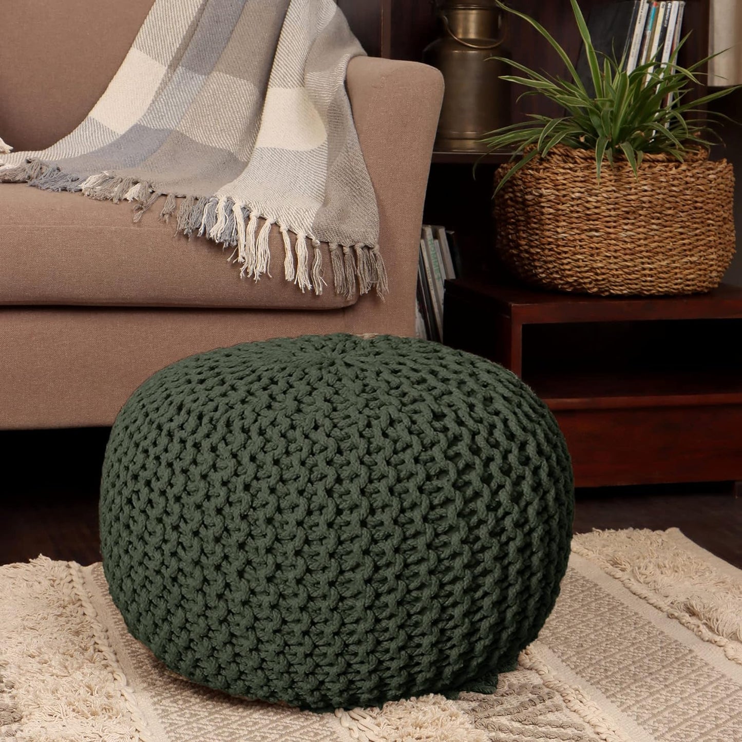 REDEARTH Round Hand Knitted Pouf - Foot Stool Bean Bag Ottoman - Cord Boho Pouffe - Poof Accent Beanbag Footrest for Living Room - Bedroom - Patio - Lounge (19.5"x19.5"x14") - Olive