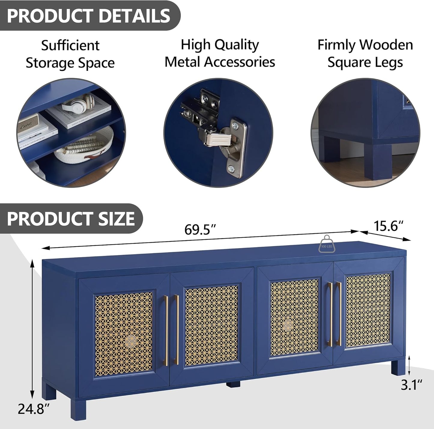 JYED Mid Century Modern TV Stand for TVs up to 75", 69.5" W Blue Entertainment Center with 4 Gold Metal Mesh Doors - Wood Grain MDF TV Console, Media Storage