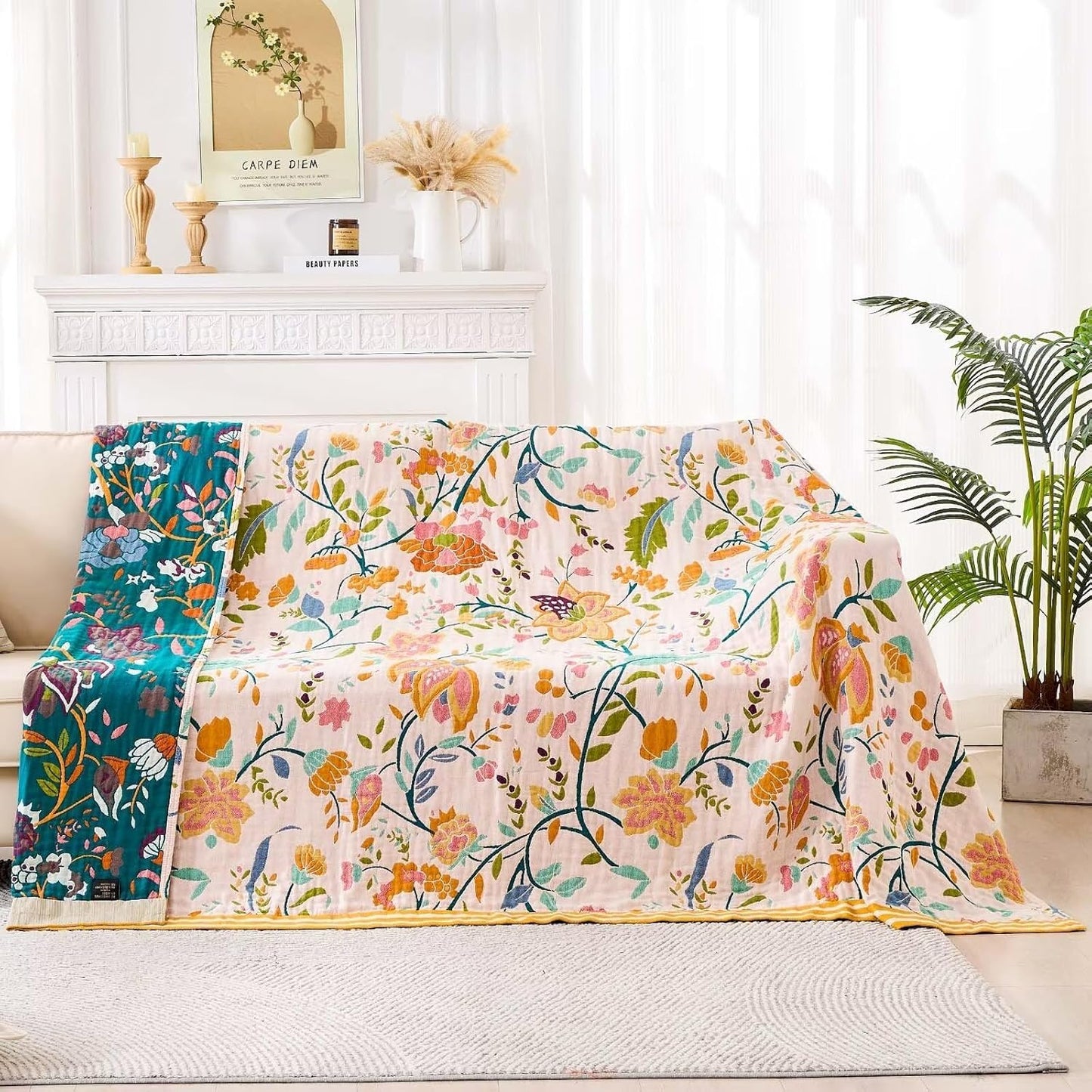 Boho Throw Blanket for Bed, 100% Cotton Soft Rustic Quilt Fall Blanket, 60"x80" Floral Printed Farmhouse Decor Bed Blankets, All Season Rustic Reversible Bohemian Throw Quilt