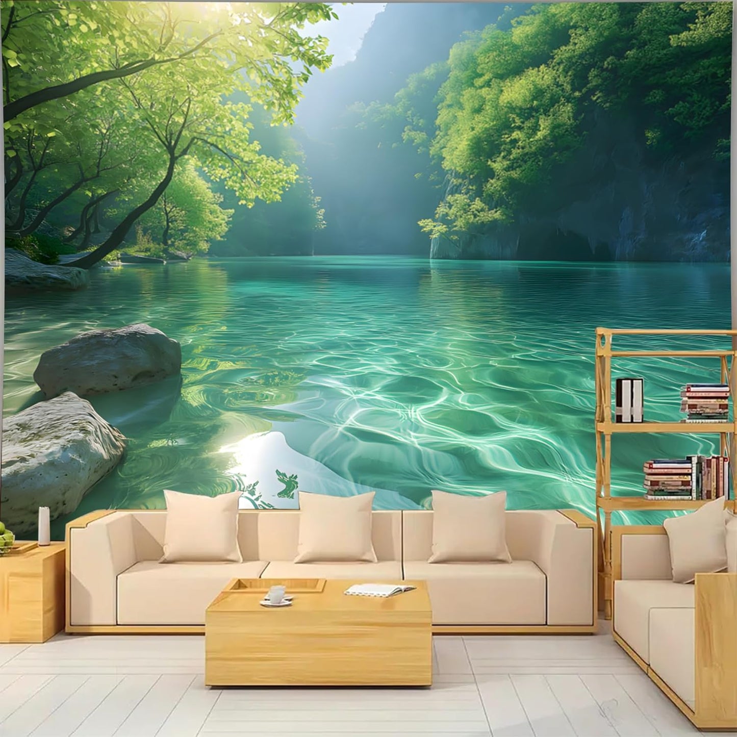 BSFHH Nature Tapestry Forest Tree Sea Cave Wall Hanging, Stream Through Rainforest Landscape Wall Art Tapestry for Bedroom Living room (Lake View, 110" × 87", Unframed)