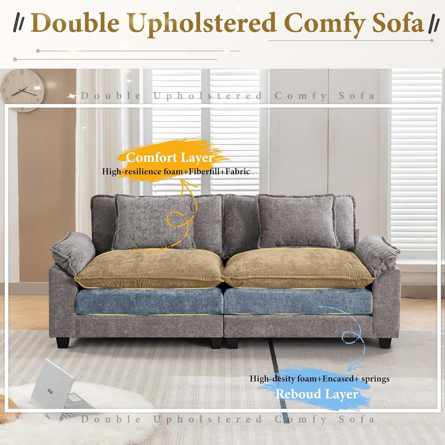 URRED Modular Sectional Sofa Comfy Cloud Couch, Modern Chenille Sofa Sleeper Deep Seat Couches with Ottoman/Pillows for Living Room (Gray, 82.6'')