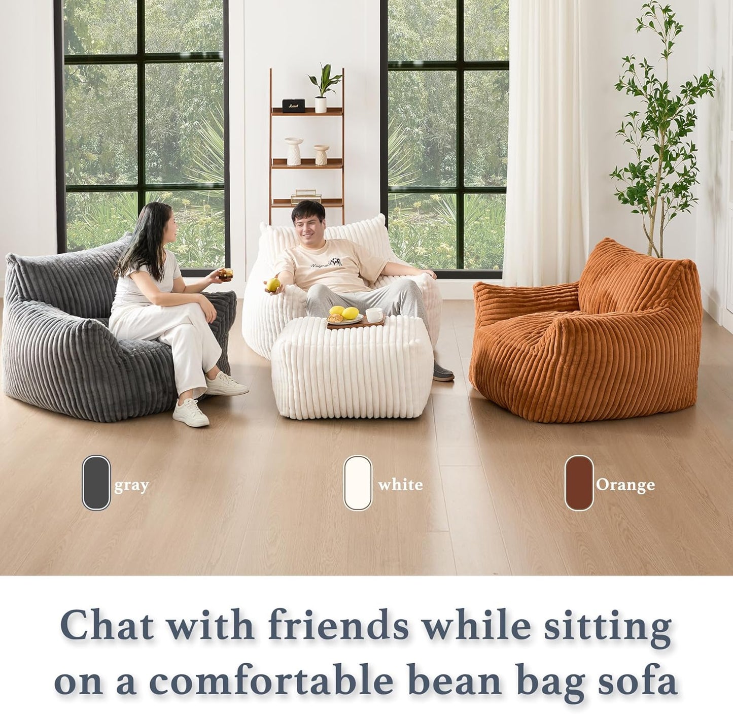 Oversized Bean Bag Chaise Lounge Chair Indoor for Adults with Armrests & Ottoman - Giant Comfy Orange Beanbag Floor Sofa Cloud Accent Chair for Reading, Gaming, Cozy Plush Cloud Mini Couch