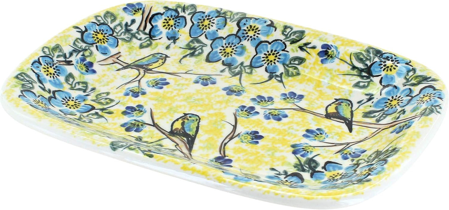 Blue Rose Polish Pottery Bluebird Garden Small Rectangular Serving Platter