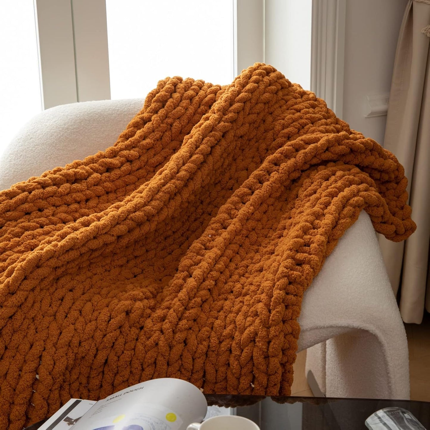 WESHIONGOO Chunky Knit Blanket Throw 40"×40" Knitted Throw Blankets for Couch Bed Fall Throw Blanket Fluffy Soft Blanket with Jumbo Chenille Yarn Thick 100% Handmade (Burnt Orange)