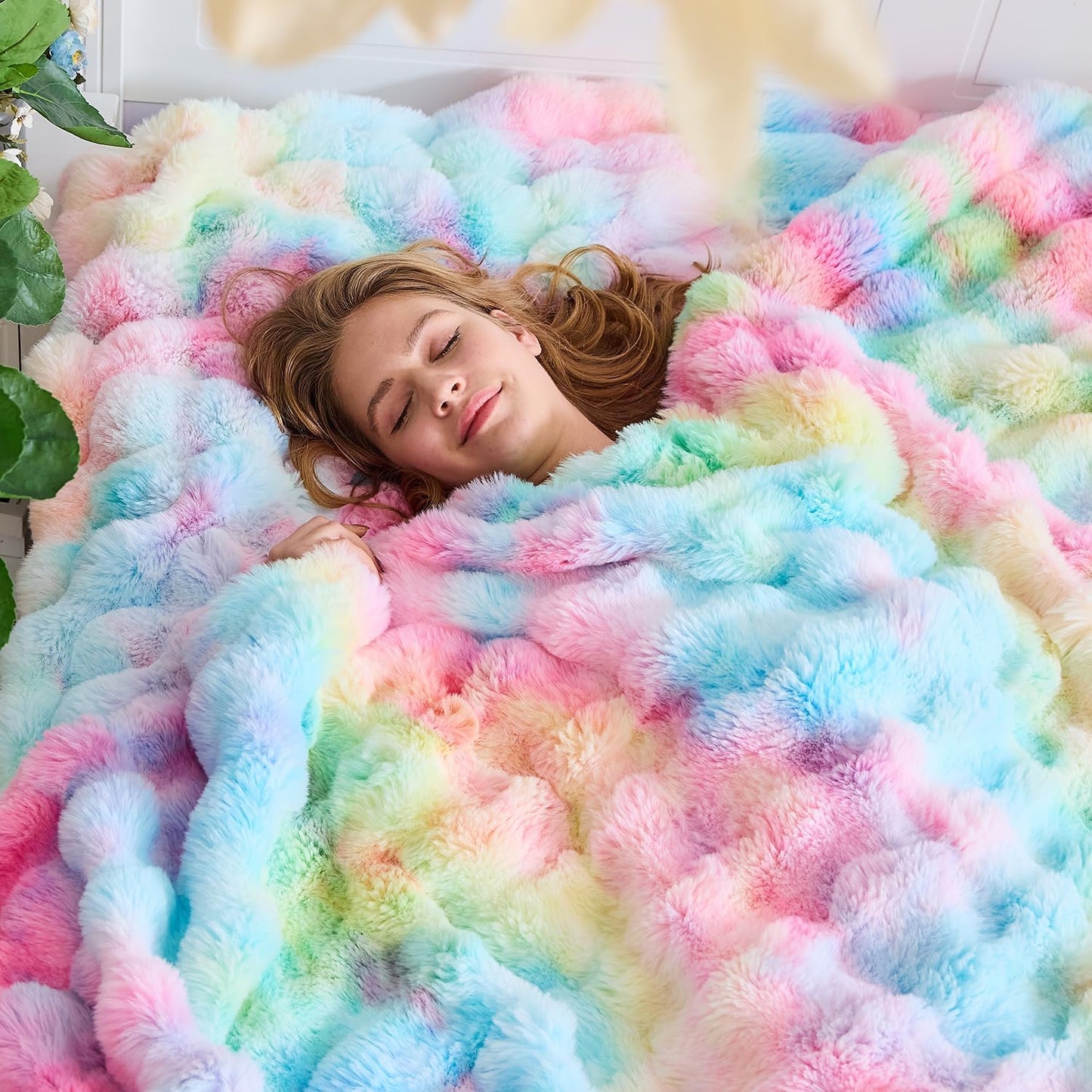 Lotus Karen Faux Fur Blanket Rainbow Twin Size - Big Bubble Rabbit Fluff Blanket for Couch, Small Fluffy Fuzzy Cozy Blanket, Thick Furry Plush Shaggy Blankets, 60x80 Inches