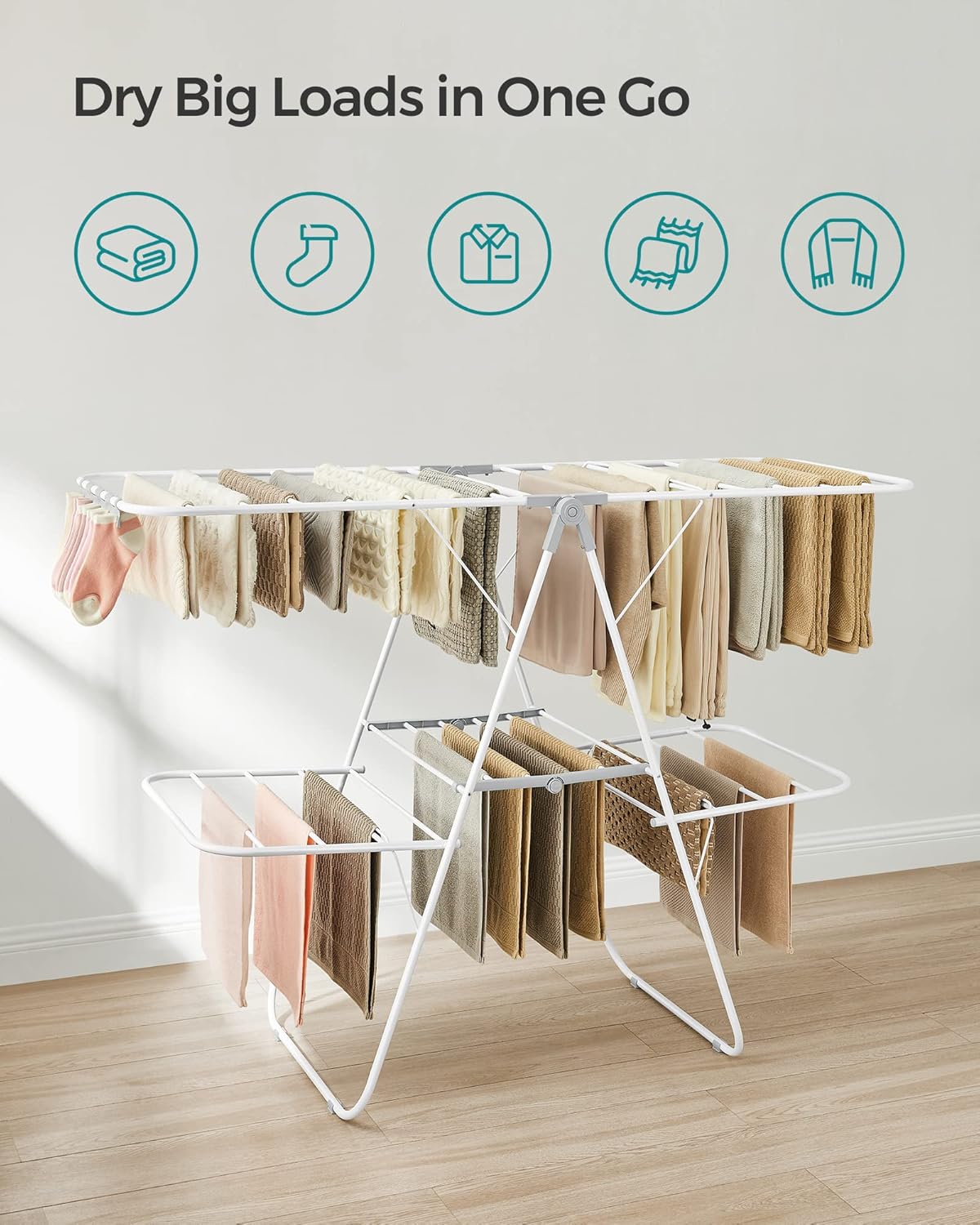 SONGMICS Clothes Drying Rack, Foldable 2-Level Laundry Drying Rack, Free-Standing Laundry Airer, with Height-Adjustable Wings, 33 Drying Rails, Sock Clips, White and Gray ULLR053G01V1