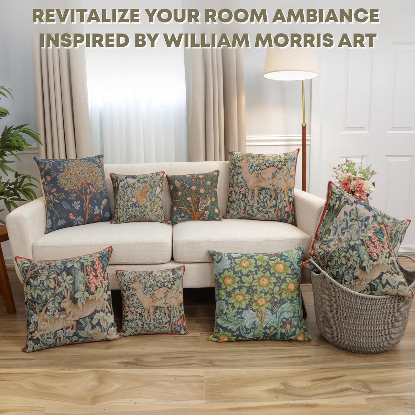 Charlotte Home Furnishings Decorative Tapestry Pillow Cover 19x19 in, Green Does Couch Throw Pillow Cover, French Country Square Cushion Cases for Living Room Home Decor, Soft Cotton Jacquard Woven