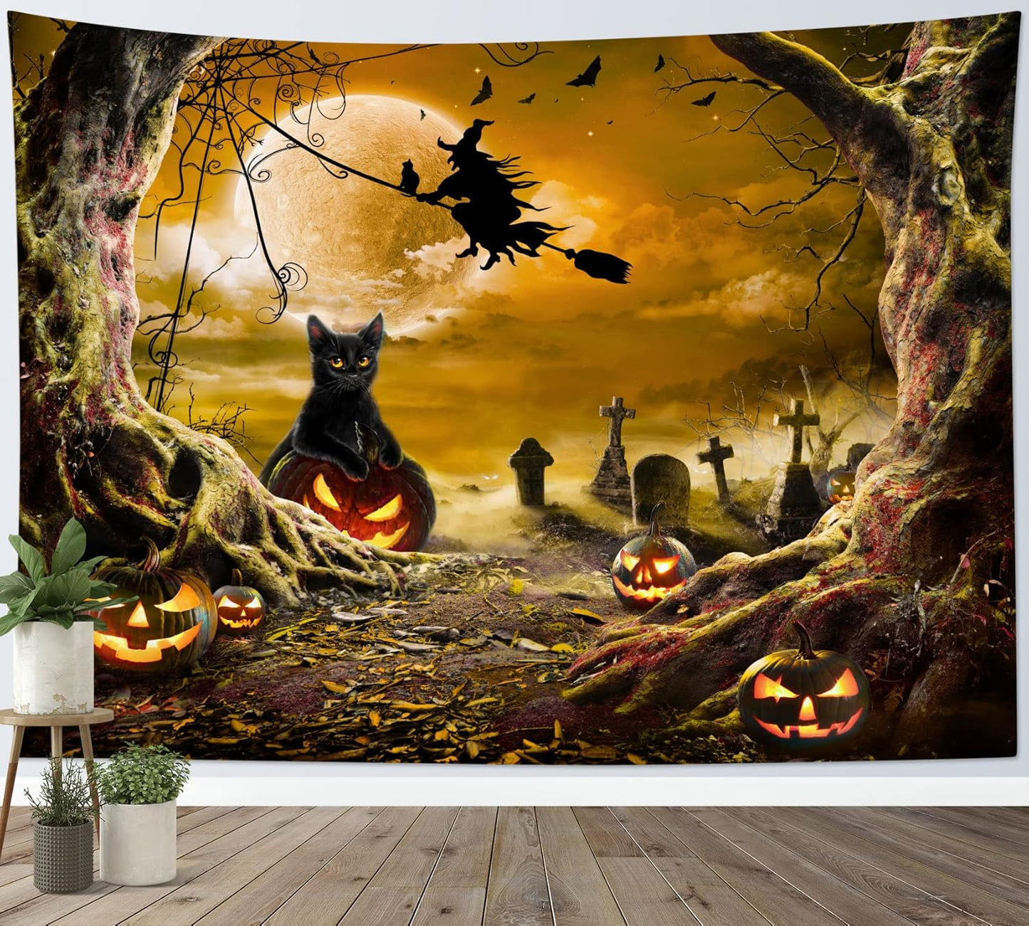 LB Halloween Wall Tapestry with Horror Witch, Cat, Dead Tree, Pumpkin Lights, Spooky Graveyard, Orange Full Moon over Misty Forest - 92.5x70.9 Inches for Bedroom, Living Room, Dorm