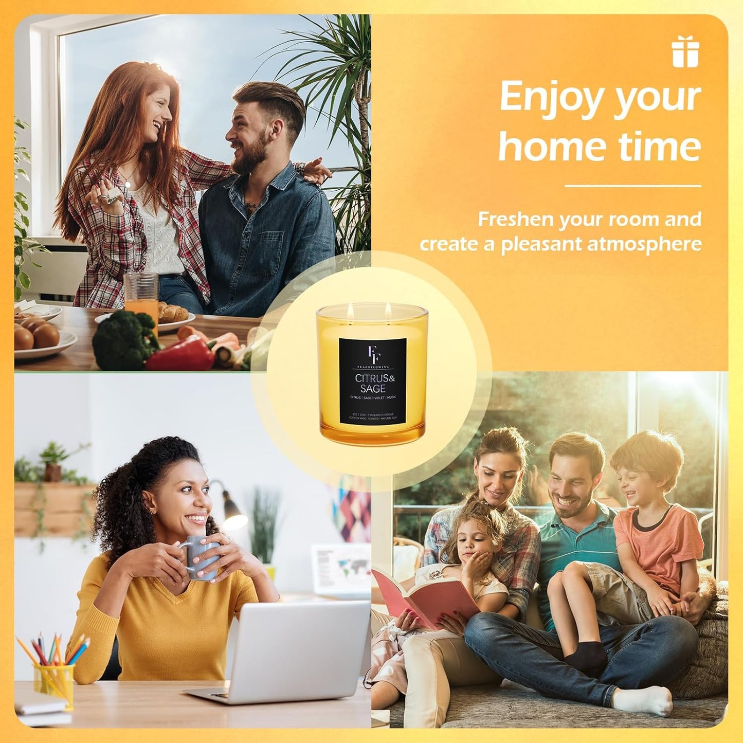 Citrus & Sage Scented Candle, 2-Wick Luxury Soy Wax Candle, 9 oz Aromatherapy Candle Home Fragrance Candles Gift