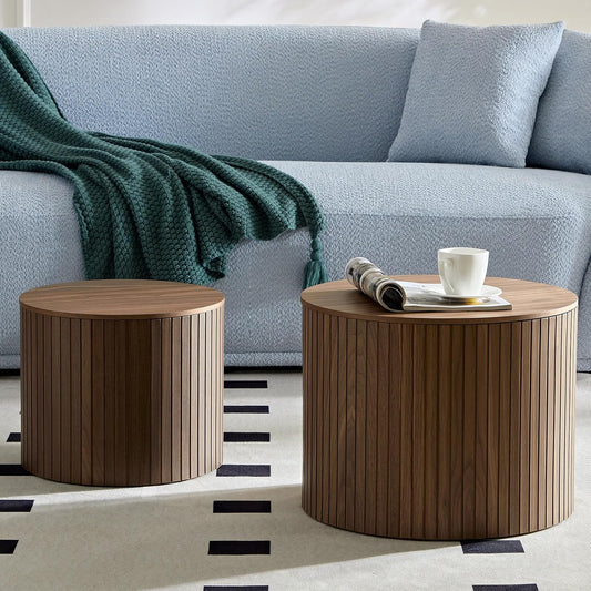 Nesting Coffee Tables Set of 2, Wooden Round Coffee Tables with Storage,Modern Circle Accent End Table Center Table for Small Spaces Living Room Bedroom Balcony Office Drum Side Table,Walnut