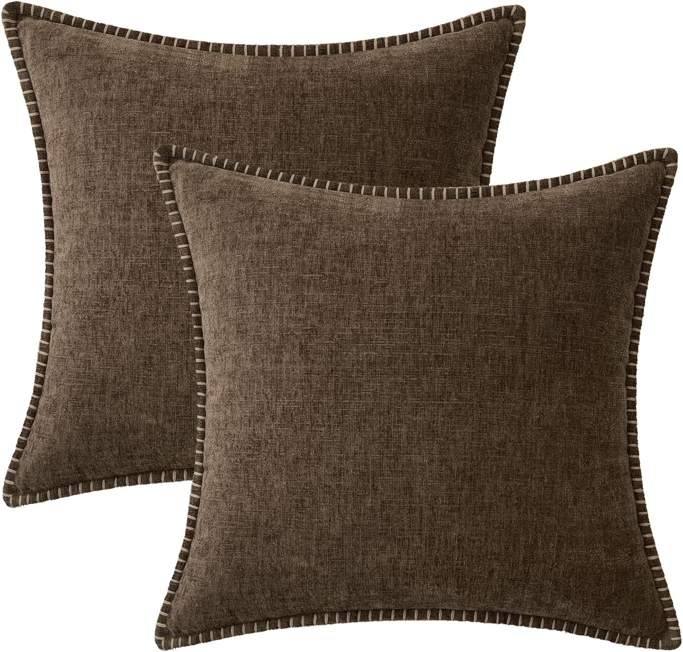MIULEE Pack of 2 Couch Throw Pillow Covers 18x18 Inch Brown Farmhouse Decorative Pillow Covers with Stitched Edge Soft Chenille Solid Dyed Spring Pillow Covers for Sofa Bed Living Room