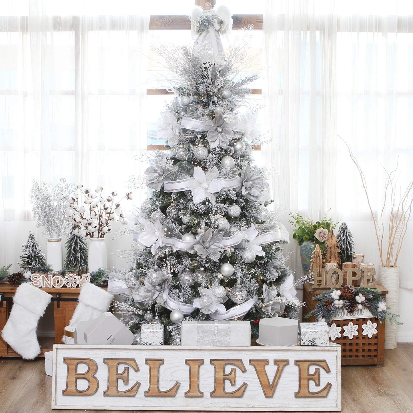 Sea Team 50mm/1.97" Shatterproof Clear Plastic Christmas Tree Ball Ornaments Set, Decorative Hanging Transparent Xmas Baubles with Stuffed Delicate Decorations (30 Counts, Silver)