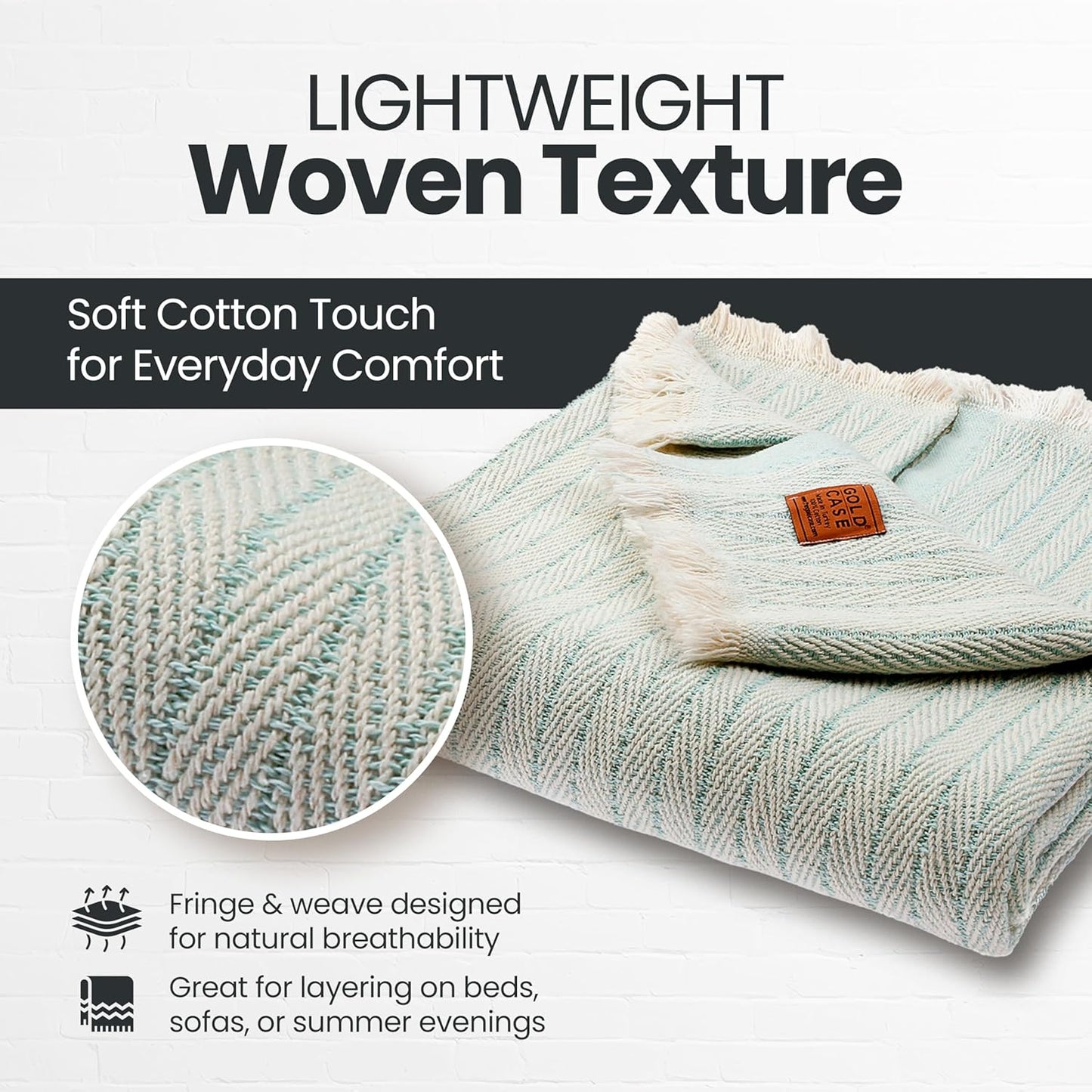 Gold Case Throw Blanket for Couch – 100% Recycled Turkish Cotton Blankets & Throws – Elegant Decorative Throw Blankets for Living Room Sofa – Woven Throws for Couch – Aqua – 60x80