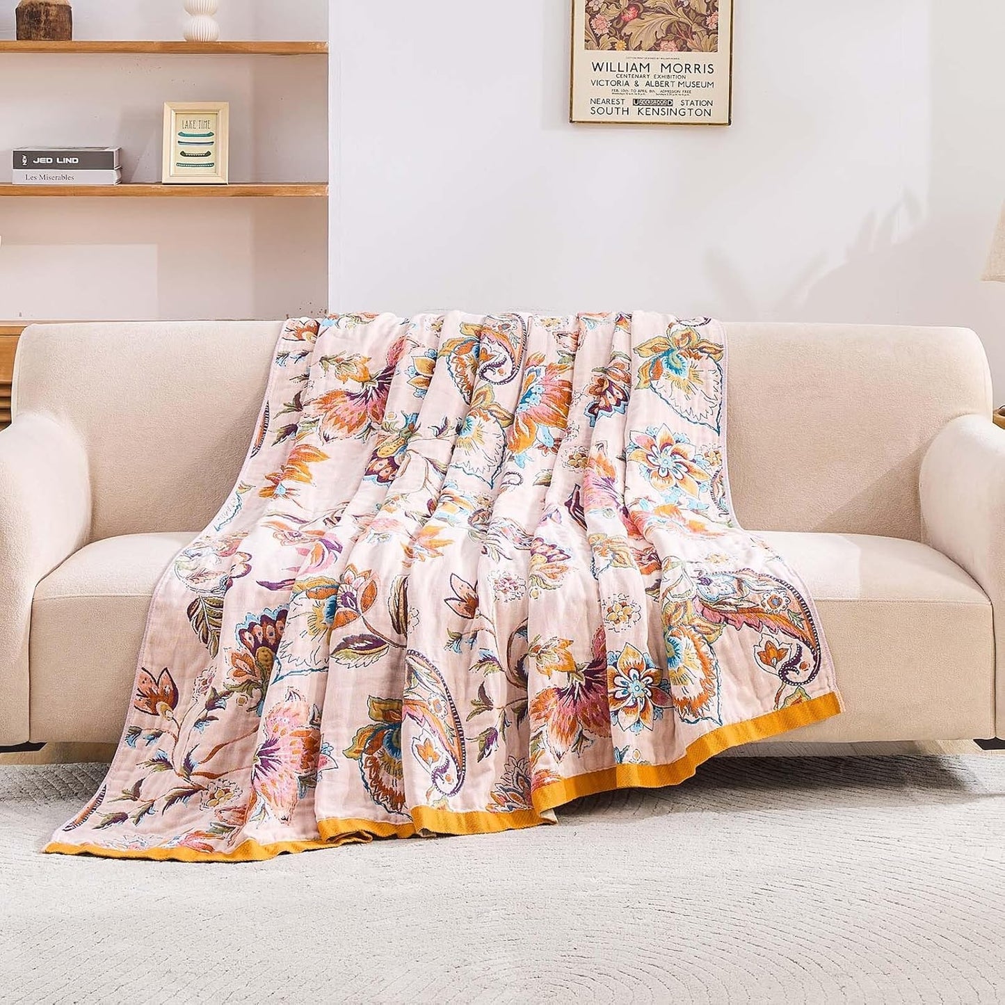 Boho Throw Blanket for Bed, 100% Cotton Soft Rustic Quilt Fall Blanket, 90"x98" Floral Printed Farmhouse Decor Bed Blankets, All Season Rustic Reversible Bohemian Throw Quilt