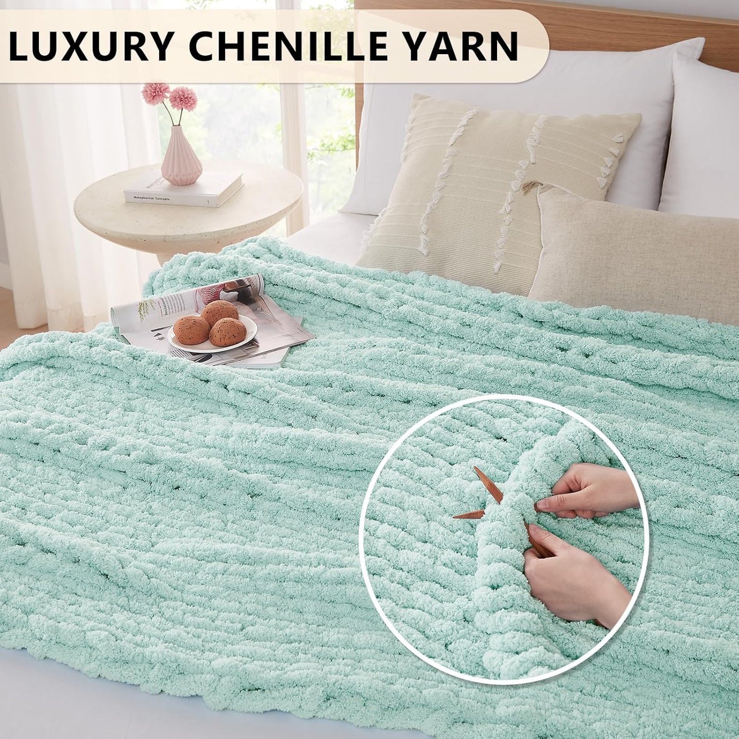 L'AGRATY Chunky Knit Blanket Throw: 50''x60'' Chenille Chunky Knitted Throw Blanket for Bed Couch - Handmade Thick Big Cable Knit Blanket - Large Crochet Rope Blanket for Home Decor(Mint Green)