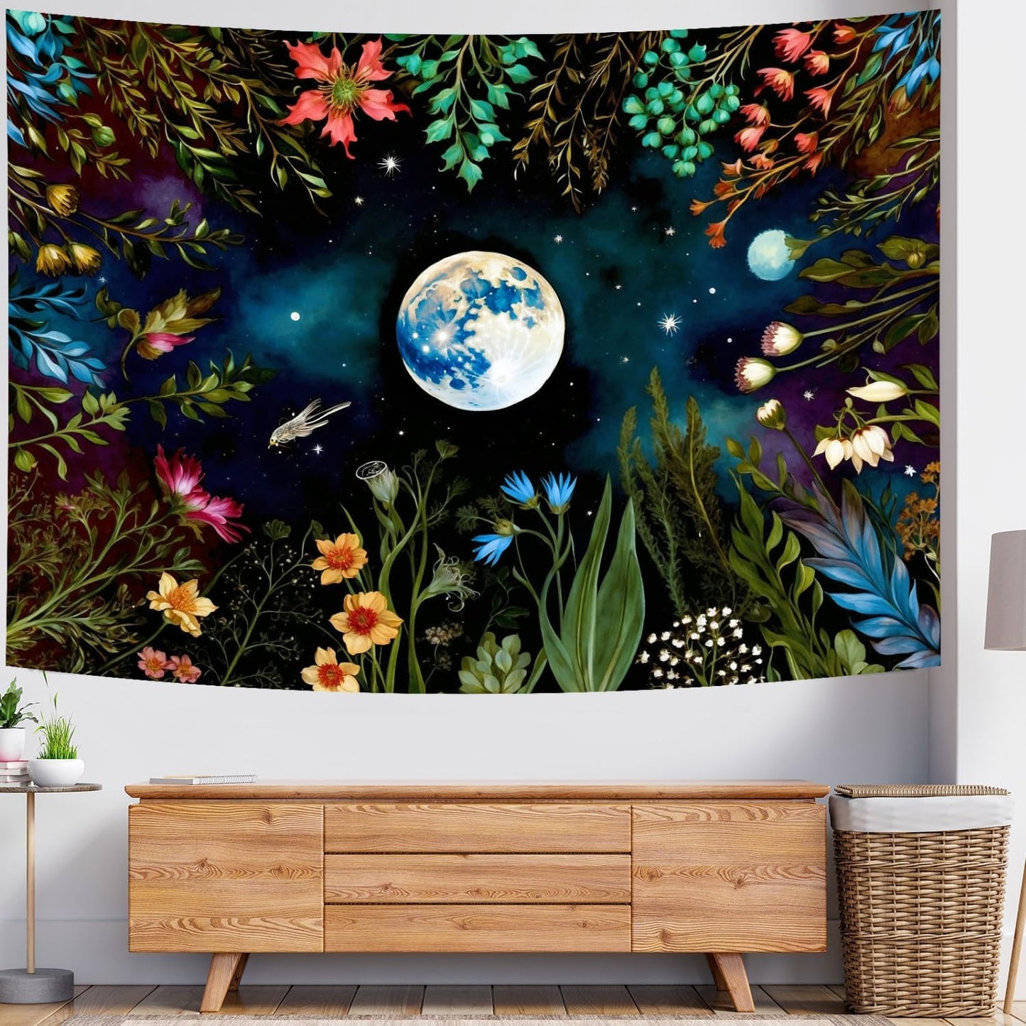 Delur Moonlit Garden Tapestry Boho Moon Floral Plant Tapestry Wall Hanging Colorful Flower Botanical Nature Night Landscape Headboard for Bedroom Living Room Home Decor (70.8" x 92.5")