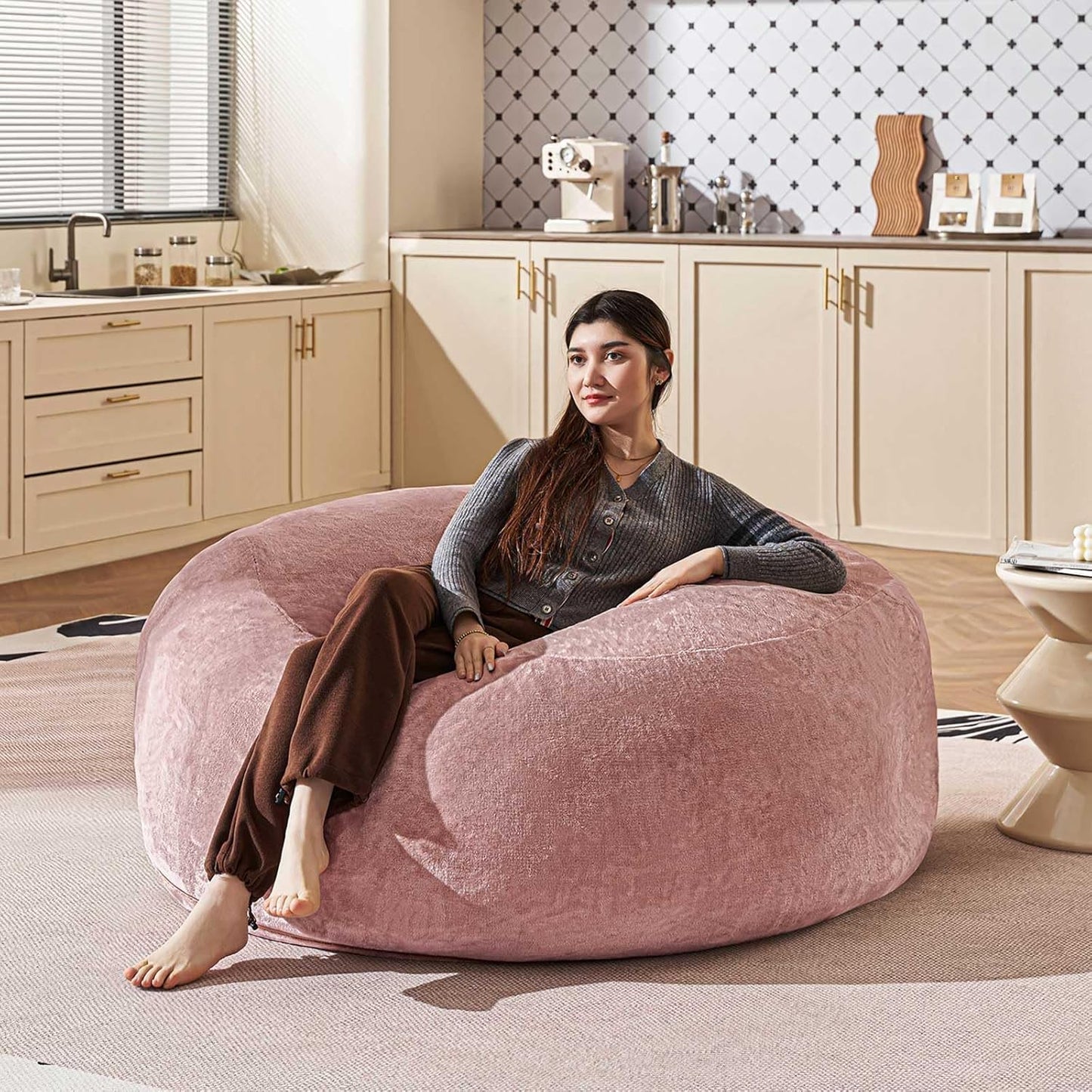 Bean Bag Chair 5Ft, Memory Foam Filled, Large Beanbag Chairs for Adults and Teens, Soft Sofa with Removable Flannel Cover, Round Couch for Living Room Bedroom College Dorm (Pink, 5FT-60×60"×24")