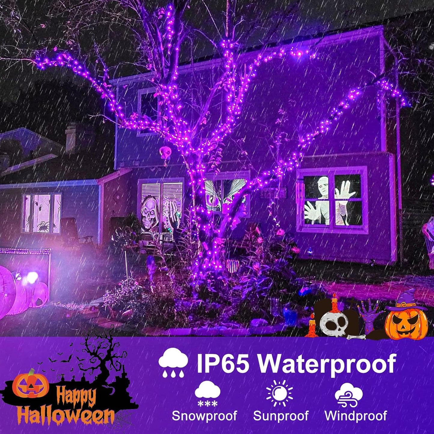 Purple Halloween Lights Outdoor, 100FT 300 LED Halloween String Lights with 8 Modes Waterproof, Plug in Green Wire Twinkle Tree Light for Indoor House Patio Garden Party Decorations