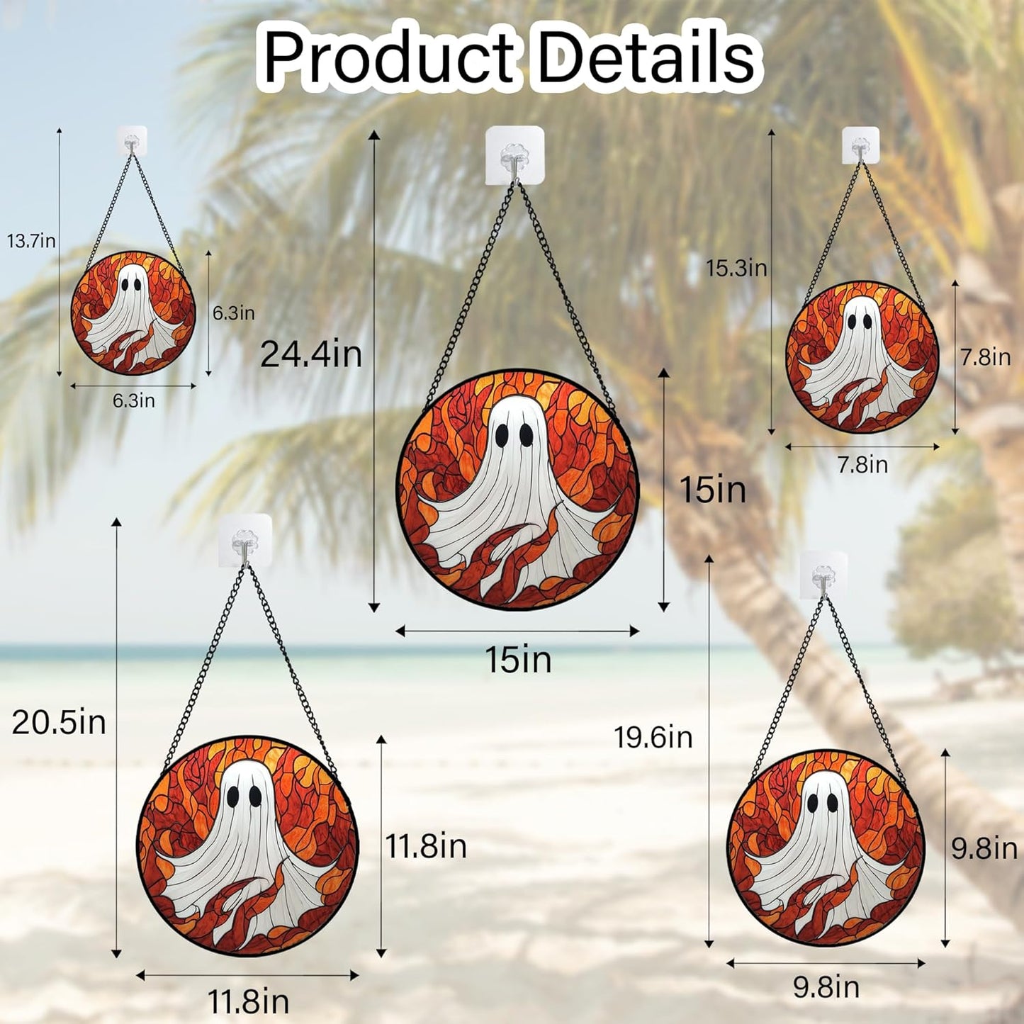 Stained Glass Window Hanging - Halloween Decorations White Ghost Orange Sky Suncatcher for Doors Garden Funny Spooky Sun Catchers Gothic Decor Horror Gifts for Women Men Friend Boy 11.8 in