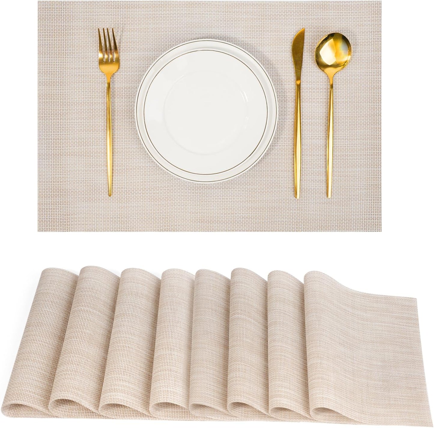 Placemats Set of 8，Non-Slip PVC Weave Table Mats Easy to Clean，Heat Resistant Place Mats for Kitchen Dining Table Decoration Indoor Outdoor，Beige White