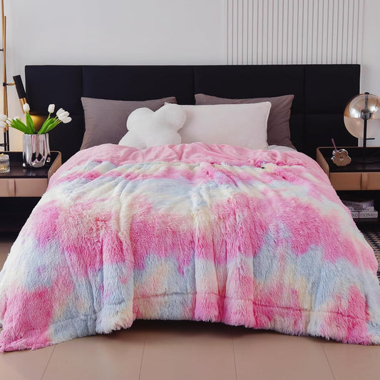 GONAAP Fuzzy Faux Fur Throw Blanket Queen Size Tie-dye Rainbow Super Soft Cozy Plush Fuzzy Shaggy Blanket for Couch Sofa Bed (Tie-dye Rainbow, Queen(90"x90"))
