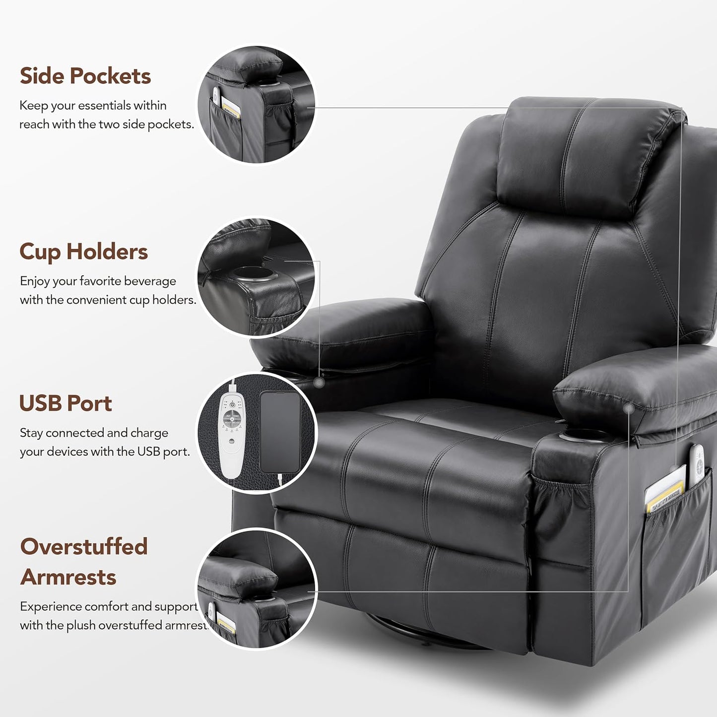 Swivel Rocker Recliner Chair with Heat and Massage, 360 Degree Swivel Rocking Single Sofa with Cup Holders and USB Port, Large Big Recliner Chair for Living Room (Leather, Black)
