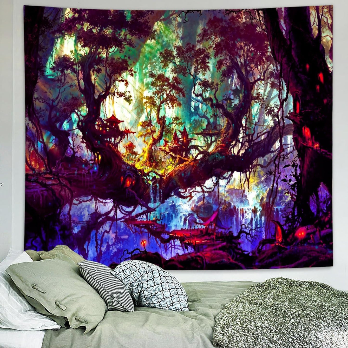 Delur Fantasy Forest Tapestry Mystical Landscape Magical Enchanted Forest Tree Nature Tapestry Psychedelic Wall Hanging Headboard for Bedroom Living Room Home Decor (51.2" x 59.1")