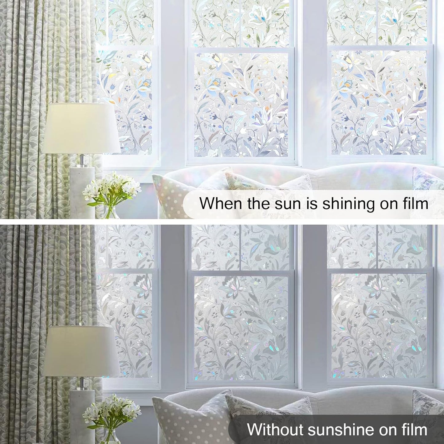 DOWELL Window Privacy Film, 3D Stained Glass Rainbow Films, Decorative Window Vinyl Sun Blocker Door Covering, Static Cling Non-Adhesive Glass Sticker for Home, Blooming Flowers, 23.6"x78.7"