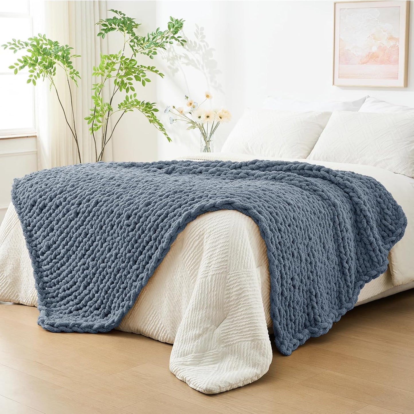 Bigacogo Chunky Knit Throw Blanket for Couch, 51x63 inches, 100% Hand Knitted with Thick Jumbo Chenille Yarn, Cozy Soft Large Rope Knot Cable Crochet Blankets for Sofa Bed Living Room, Cold Sea Blue