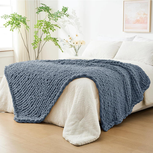 Bigacogo Chunky Knit Throw Blanket for Couch, 51x63 inches, 100% Hand Knitted with Thick Jumbo Chenille Yarn, Cozy Soft Large Rope Knot Cable Crochet Blankets for Sofa Bed Living Room, Cold Sea Blue