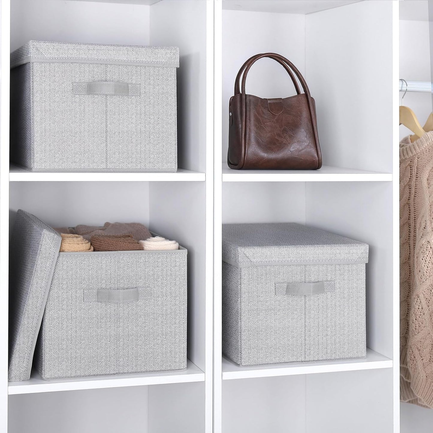 WUIKE 3 Pack Extra Large Foldable Storage Bins with Lids, Fabric Storage Bins for Home and Closet Organization, Herringbone Gray