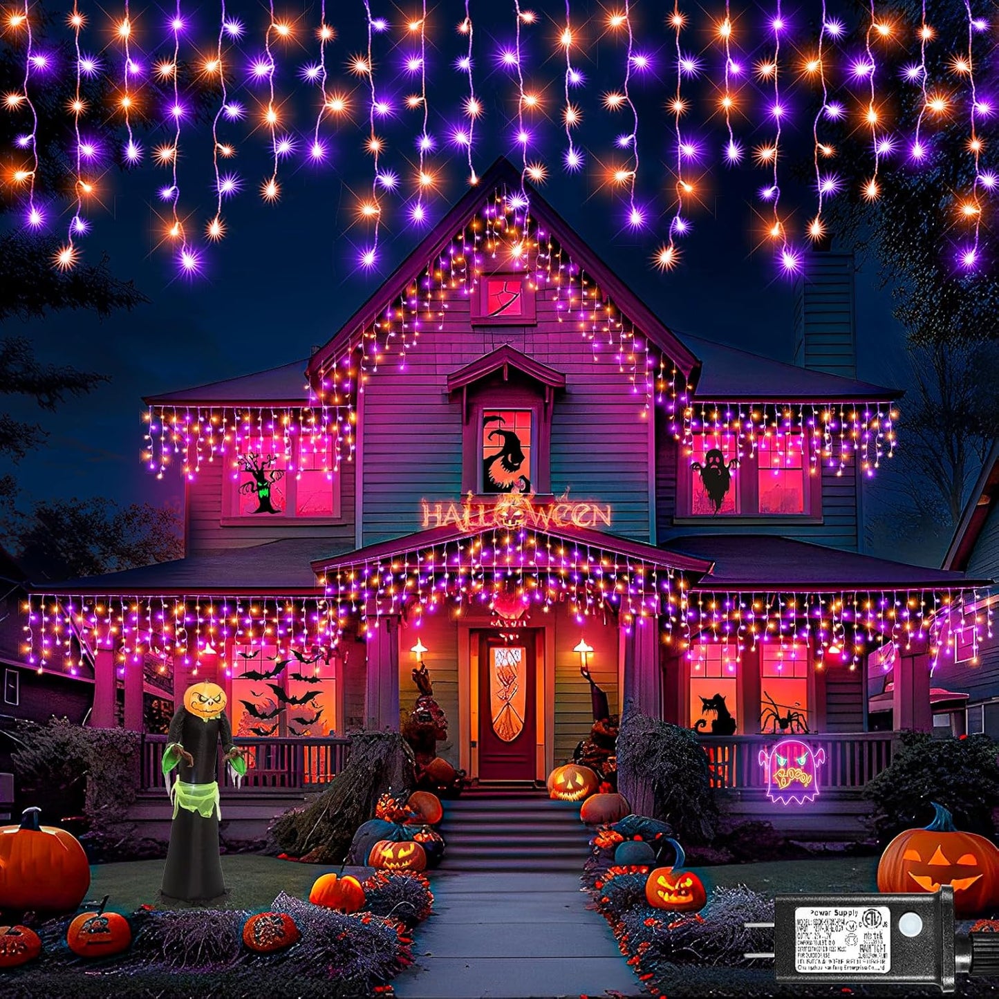 Orange and Purple Halloween Lights Outdoor, 33FT 400 LED Icicle Lights for Outside with Waterproof 8 Modes, Plug in Timer String Twinkle Light for Indoor House Yard Party Holiday Decorations