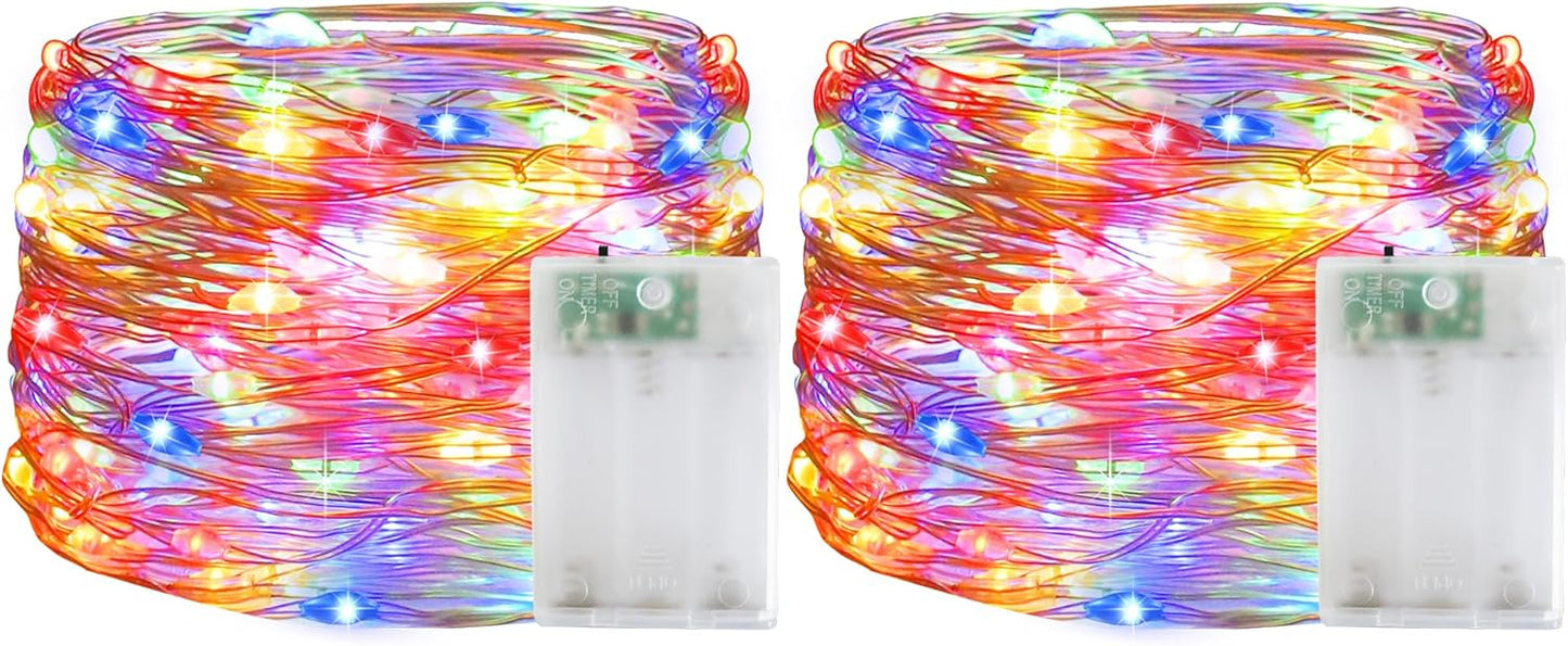 Christmas Decorations Multicolor Fairy String Lights, Battery Operated with Timer, 2 Pack Total 33FT 100 Led Mini Battery Powered Twinkle Mason Jar Waterproof Firefly Lights DIY Party