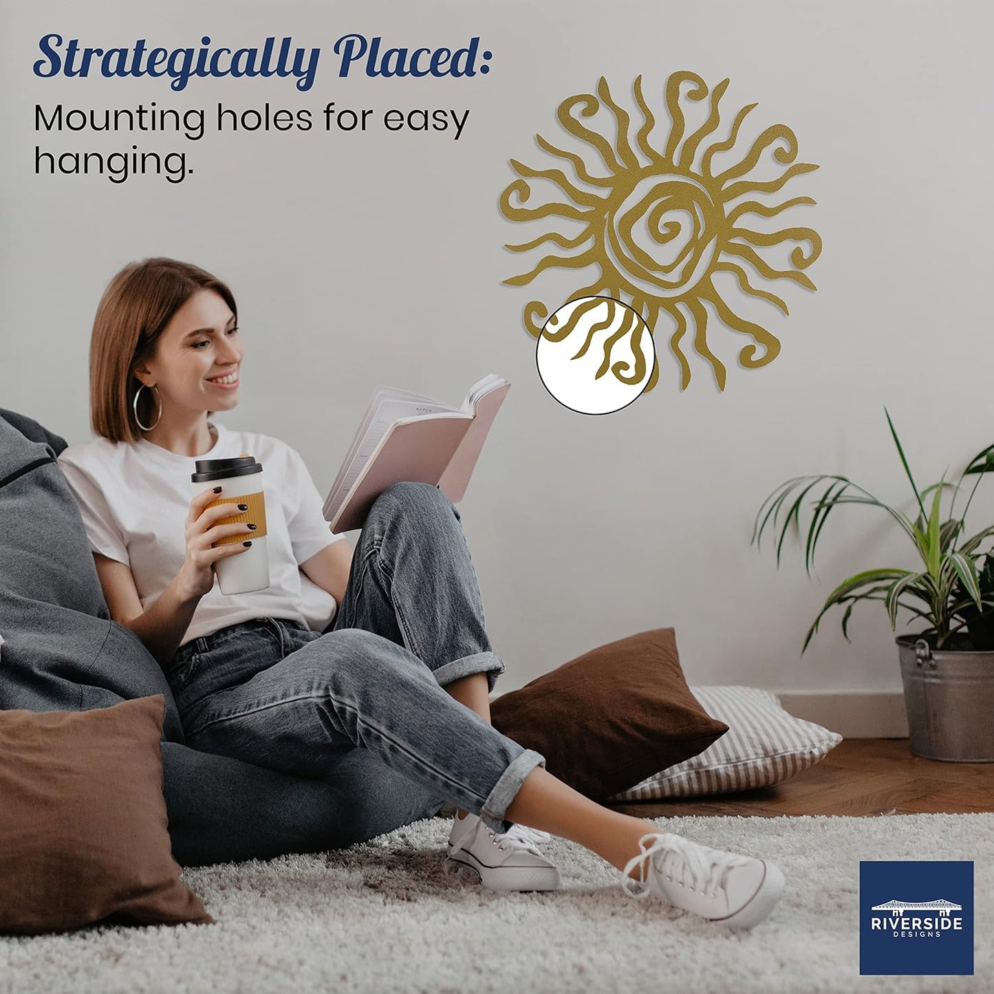 Riverside Designs Wacky Sun Metal Wall Art Indoor/Outdoor Decor - 18" Gold Rust Proof Wall Sculpture - Made in USA - Ideal for Bedroom, Garden, Home, Patio and Farmhouse