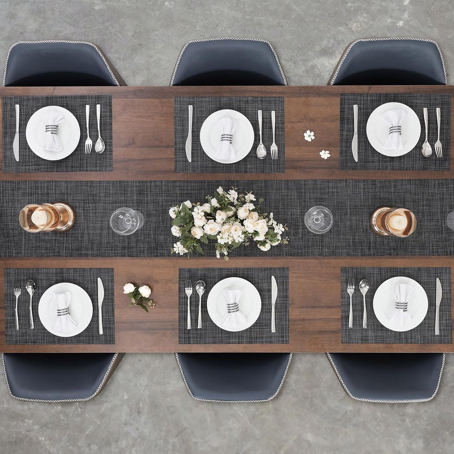 Myir JUN Placemats Set of 6, Vinyl Woven Placemats Place Mats Indoor Washable Table Mats Non-Slip Place mats for Dining Table (Dark Gray-Black, Set of 6)