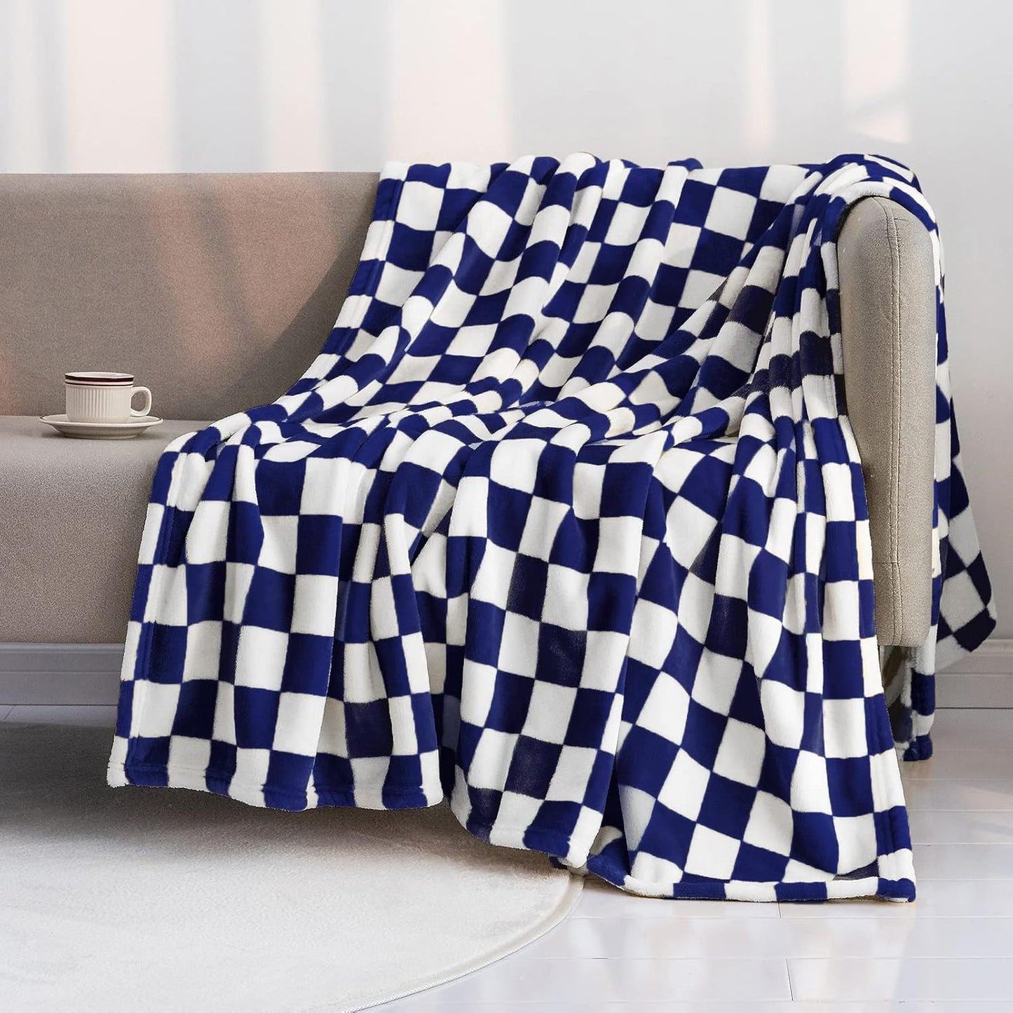 LOMAO Throw Blankets Flannel Blanket with Checkerboard Grid Pattern Soft Throw Blanket for Couch, Bed, Sofa Luxurious Warm and Cozy for All Seasons (Dark Blue, 60"x80")