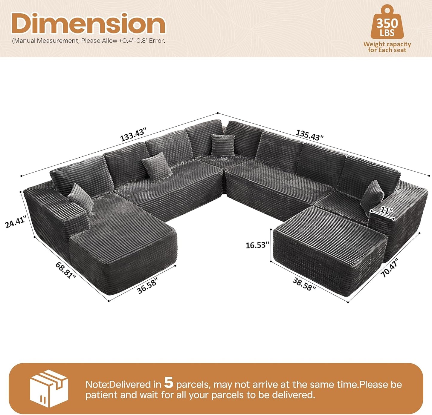 Cloud Sectional Couches for Living Room,G Shaped Modular Sofas No Assembly,135x133 Inches Plush Corduroy Oversized Floor Couch Set with Deep Seat Chaise,Grey