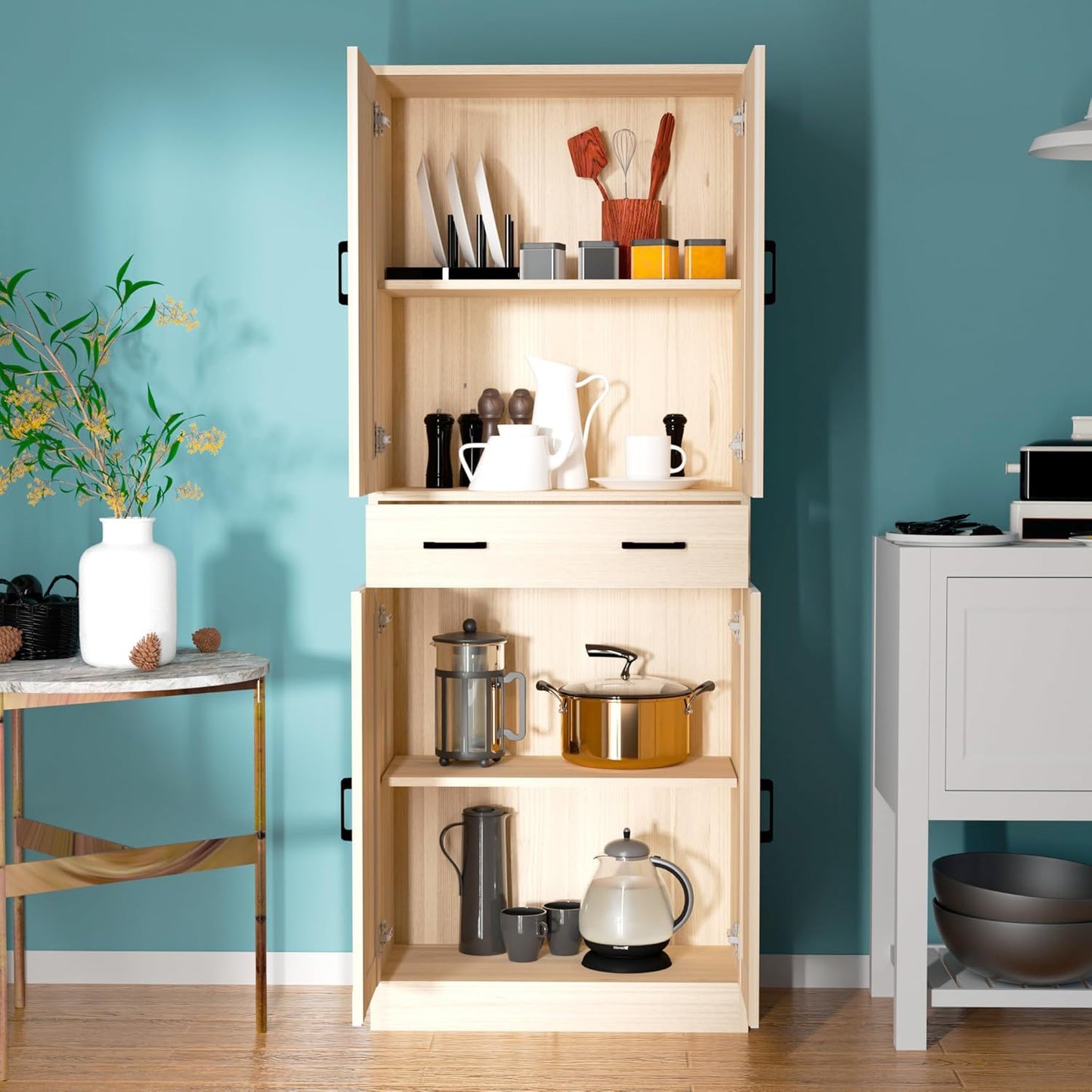 71" Tall Oak & Rattan Pantry Cabinet - Boho Chic Kitchen Storage with Doors & Drawer for Dining Room, Hallway or Kitchen Organization