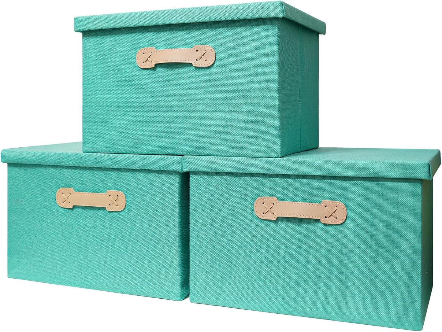 Enzk&Unity Decorative Storage Bins with Lids, Fabric Linen Foldable Storage Box with Handle Home Organizer for Shelf, Closet, Bedroom, Living Room, Office, 3 Packs, Teal