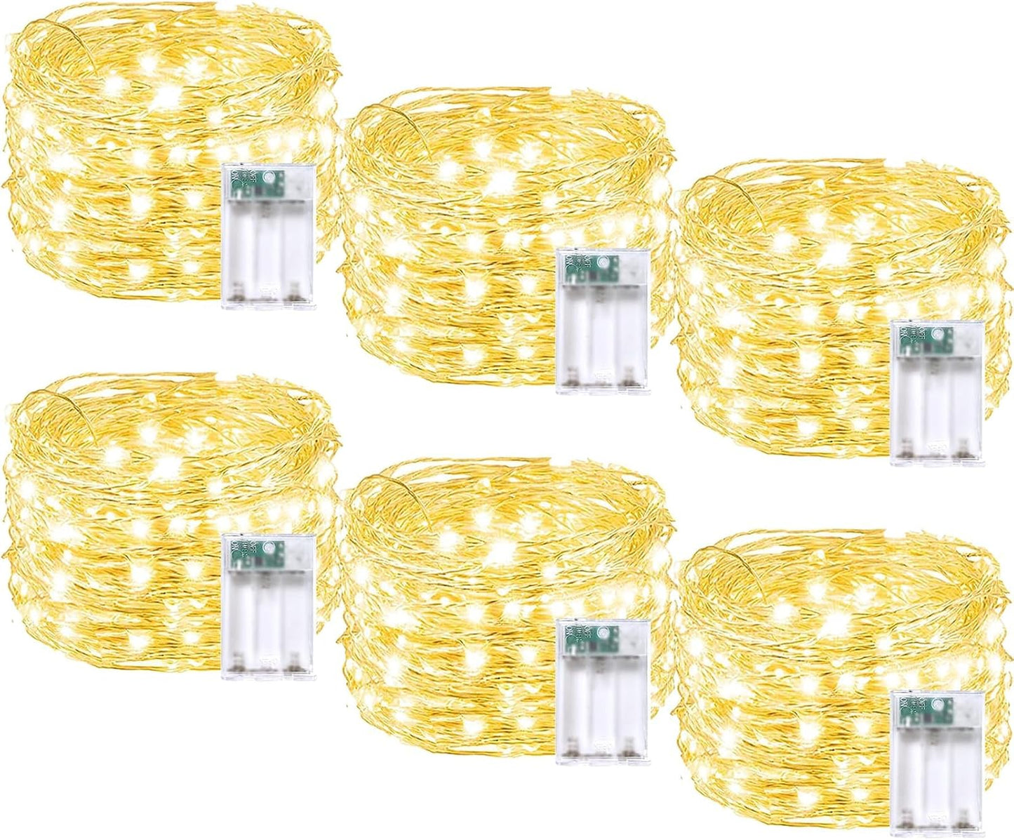 6 Pack Fairy Twinkle Lights Battery Operated, 3 Pack Cool Whie & 3 Pack Warm White Each 20FT 60 LED Waterproof Outdoor Christmas String Light, Fairy Light with Timer for Christmas Decorations